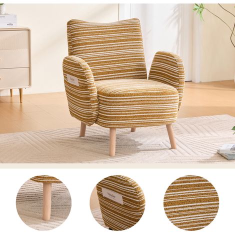 Fauteuil moderne, tissu à motifs circulaires, avec poche latérale, pieds en bois massif, fauteuil de lecture confortable, salon, chambre, bureau (bouclé jaune moutarde)