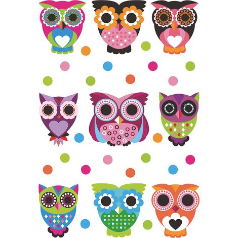 sticker mural hiboux rose, orange et vert - Sanders & Sanders
