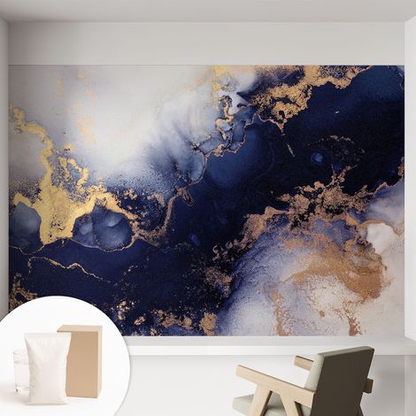 Papier peint intissé décoratif avec motifs pour salon et chambre a motif - Colle incluse gratuite Vagues bleu marine 152x104 cm (1/5)