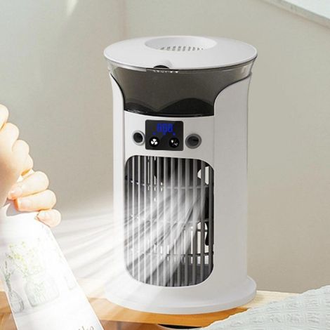 Tragbare Klimaanlage, tragbarer Luftkühler, leiser, verstellbarer Ventilator fürs Büro, 4 Geschwindigkeitsstufen, 2 Nebelstufen, 180°-Oszillation, farbige Beleuchtung, Weiß (1/4)