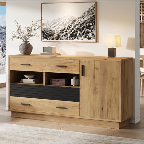 MODFU – Buffet rangement 140x35x70 cm MDF – 6 tiroirs et 1 porte – 12 espaces et charge 30 kg – Salon – Chêne/noir (1/5)