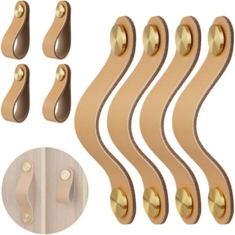 FENOPLASTICAPoignée Meuble en Cuir - 4Pcs Poignée de Porte, Espacement des trous 96mm, Laiton Bouton Porte Placard pour Armoires, Commode, Cuisine, Salle de Bain (1/4)