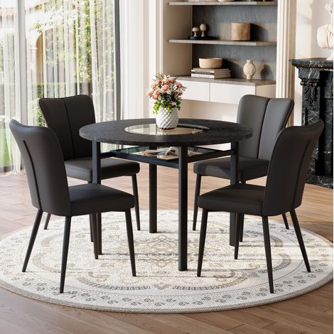 Set Tavolo da Pranzo e 4 Sedie, per 2-4 Persone, Piano in Vetro e MDF, con Piedini Regolabili, Nero (1/5)