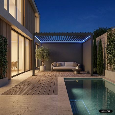 Pergola bioclimatique électrique 3x4m. aluminium. à lames orientables avec éclairage LED + store 3m + store 4m (1/5)