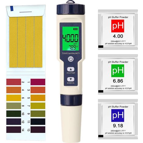 Professionelles 5-in-1-Multiparameter-Kombimessgerät: pH/EC/TDS/Salzgehalt/Thermometer, digital mit Hintergrundbeleuchtung