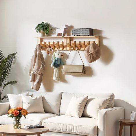Porte Manteau Mural Bois, Lot de 2 Patere Murale de Crochets Rétractables pour Salle de Bain, Entrée, Chambre, Bois Naturel (1/5)