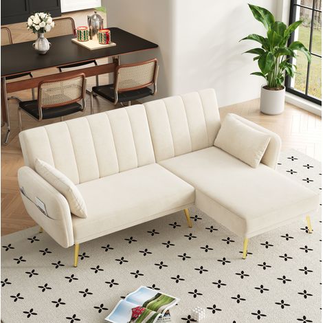 Canapé d’angle convertible 191.5x130.5x80 cm beige en velours avec méridienne réversible et dossier réglable (1/5)
