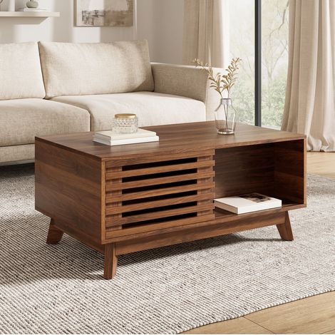 Table basse en MDF décor noyer 90 cm avec plateau relevable et porte coulissante à lamelles (1/5)