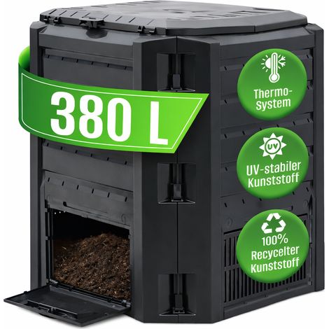 DEUBA® Composteur de jardin plastique noir transformateur de déchets couvercle et trappe d’extraction bac à compost-380 litres