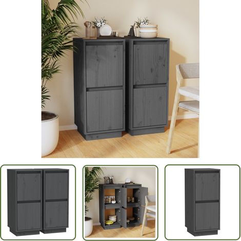 The Living Store Buffets 2 pcs Gris 31,5x34x75 cm Bois massif de pin - Buffet - Meuble De Rangement - Armoire - Commode - Mobilier (1/5)