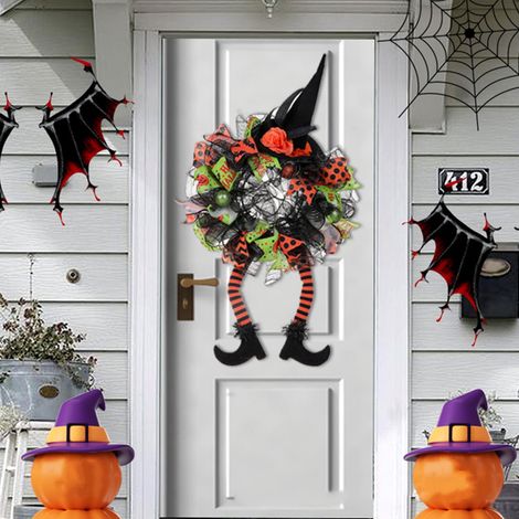 Couronne Halloween - Chapeau De Sorcière Et Citrouille - Décoration Porte Porche Fenêtre Intérieur Extérieur - 1 Pièce (1/4)