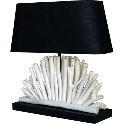 Tischlampe 40 cm E27 Treibholz Stoff Holz Modern