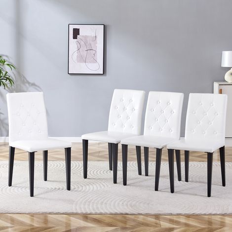 Lot de 4 chaises de salle à manger en PU blanc et noir, dossier capitonné losange, pieds métal noir mat,42×46×89cm (1/5)