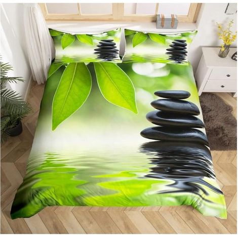 Zen Stones Parure de Lit 220x240cm Ensembles de méditation de Housse de Couette Motif Feuille Housse de Couette Décor - TA6 (1/3)