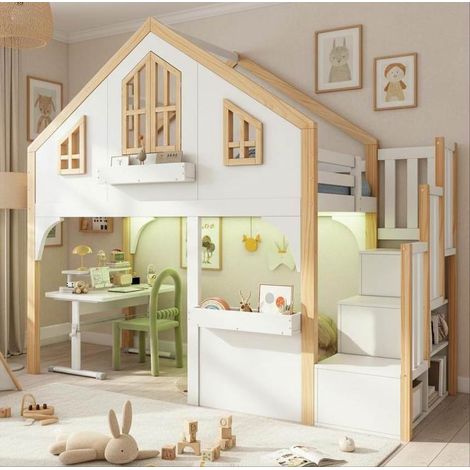 Cama alta infantil 90x200 cm tipo casita con LED, escalera con almacenaje, ventana, blanco y natural (1/5)