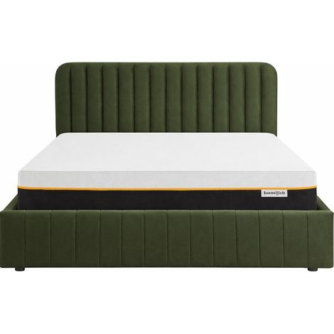 Ensemble Lit coffre adulte 140x190cm avec tête de lit en velours vert kaki - Ava + Matelas mémoire de forme - Dual Confort (1/5)