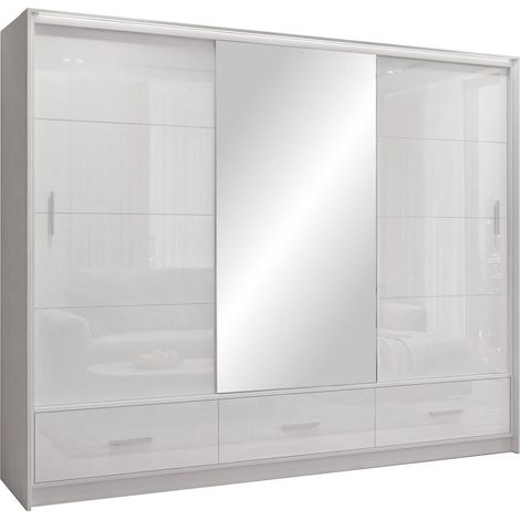 Armoire Honolulu 203, Blanc + Blanc brillant, 222x255x61cm, Portes d'armoire: Coulissantes, Nombre d'étagères: 0, LED: Disponible