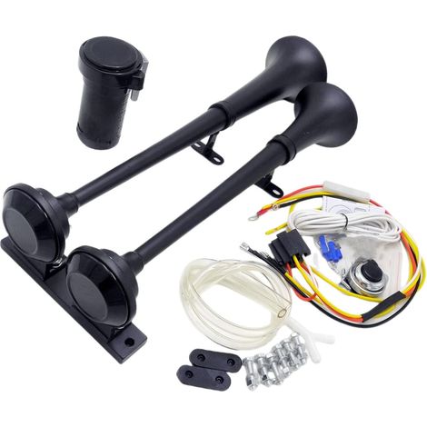 Klaxon de voiture Klaxon d'air de voiture Corne de voiture 24V Car Horn Trompette double tube Zinc chrome noire 170db Cornes hautes et basses imperméables Avec pompe à air Pour 24V bateau SUV (1/5)