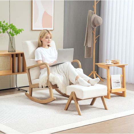 Sedia a dondolo con poggiapiedi in poliestere bianco crema, gambe in legno, 65 x 96 x 94,5 cm (1/5)