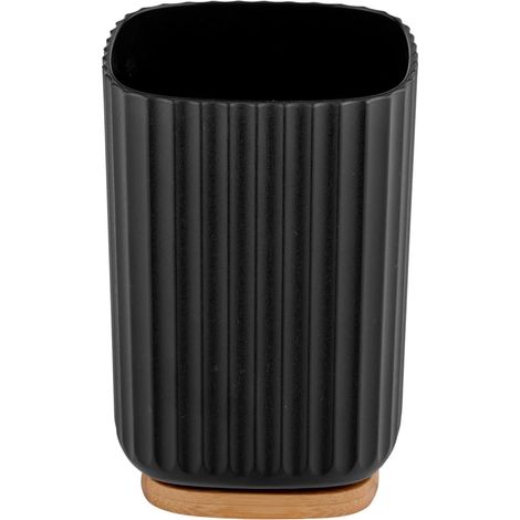 Wenko Bicchiere Porta Spazzolini Rotello, Bicchiere per Spazzolini in Plastica e Fondo di Bambù, per Riporre Accessori Dell’Igiene Orale con Pratico Design Rigato, Ø 8,6 X 11,1 Cm, Nero/Naturale (1/5)