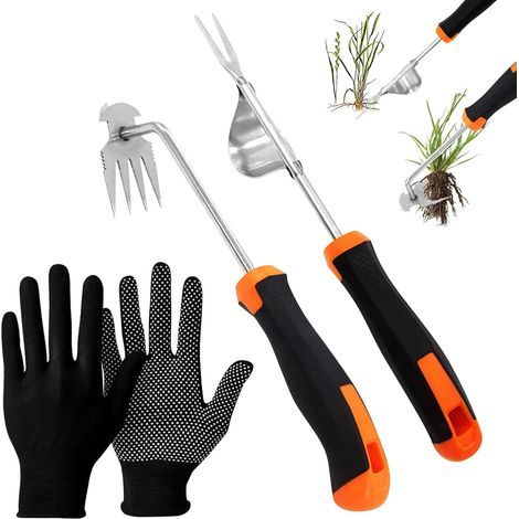 Kit 3 Pièces Desherbeur Manuel Acier Inoxydable, Outil de Désherbage Manuel, Râteau de Désherbage 4 Dents, Arrache Mauvaise Herbe pour Creuser Désherber Ameublir (1/4)