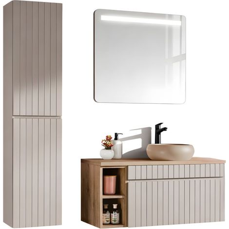 ICON Set: Waschtischunterschrank 100cm mit sichtbaren Nischen + Aufsatzrunde Waschbecken + LED-Spiegel + Hochschrank