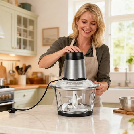 Hachoir électrique 1600 W multifonction, bol verre 2 L, 4 lames acier inoxydable, 2 vitesses, pour viande, fruits, légumes, noix, usage cuisine quotidien