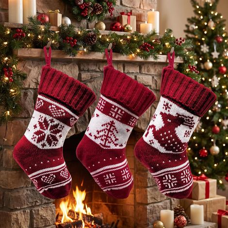 Chaussette de Noël tricotées Lot de 3 modèles 15x17 cm, Chaussettes de Noël à Suspendre, Bas de Noël Pratique pour Noel Decoration et Sac Cadeau de fête (1/5)