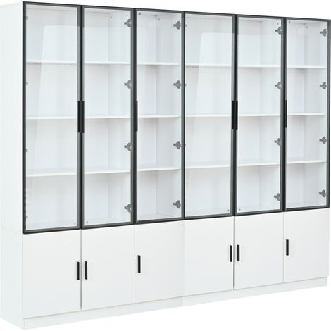 Vitrina alta 240 x 32 x 200 cm en MDF y vidrio con LED, blanca, 12 puertas