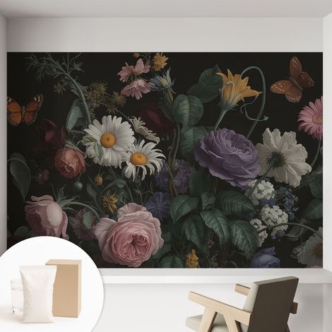 Papier peint intissé avec imprimé pour décoration intérieure pour rénovation a motif - Colle incluse gratuite Élégance florale 152x104 cm (1/5)