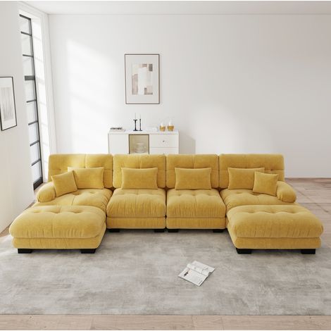 Sofá modular en U amarillo de chenilla con otomana móvil y cojines, 4 plazas (1/5)