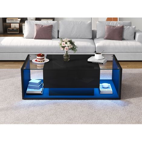 Table basse 100x50x31 cm avec 1 tiroir et bande LED, table d’appoint en verre trempé, table canapé brillante, design minimaliste, noir