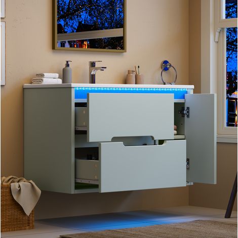Meuble de salle de bain mural 81 cm avec vasque en céramique, LED, tiroirs et porte vert OKMYHOME (1/5)