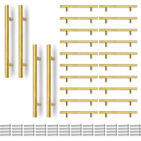 24 Pcs 200MM (128MM Hole Center) Gold T-Shaped Kitchen Cabinet Handle, Stainless Steel, for Cabinets, Drawers, Wardrobes (1/4)