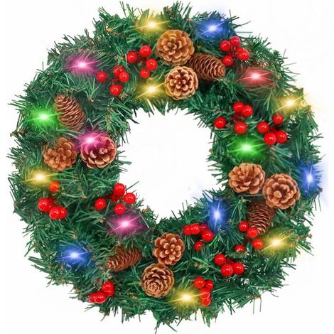 Guirlande De Noël - Couronne Artificielle Pré-Éclairée Avec Boîtier Piles - 38 Cm - Décoration Porte Extérieure Intérieure - 1 Pièce (1/5)