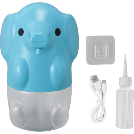 Dispenser di sapone senza contatto, a forma di elefantino, ricaricabile tramite USB, automatico, schiumogeno, per bagno e hotel, di colore blu. (1/5)