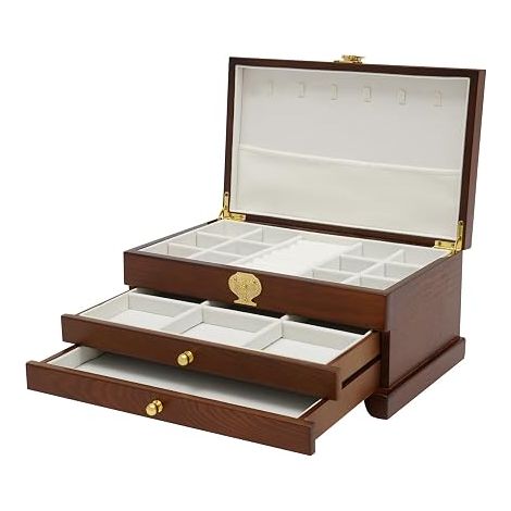 WooDerson Boîte à bijoux rectangulaire avec 2 tiroirs, en panneau de densité, doublure en peluche, boîte à bijoux pour bagues, bracelets, boucles d'oreilles, tiroir extensible (marron foncé) (1/5)