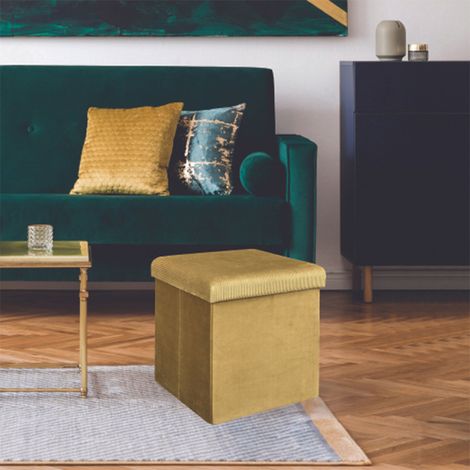Pouf coffre pliant 38 cm en tissu velours moutarde