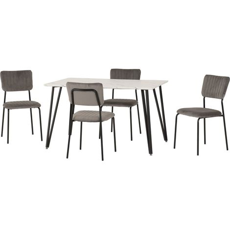 Marlow Dining Set with Sheldon Chairs - L80 x W75.5 x H130 cm - White Marble Effect/Black/Grey