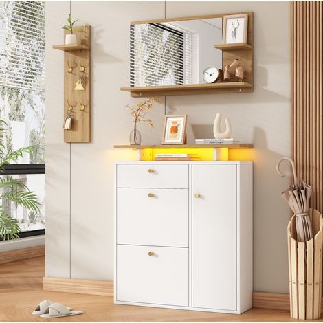 Mobile ingresso 3 pezzi con specchio, 4 ganci e LED, bianco e legno HAVRYA (1/5)