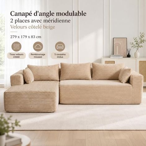 Canapé d'angle 279x179x83cm velours côtelé beige - Canapé Modulable - 4 places, sans armature, sans montage, assise profonde (1/5)