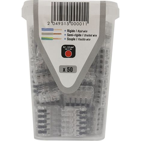 Boite de 50 Connecteur à leviers "mini" transparent 5 entrées pour fils souple/semi-rigide et rigides de 0,2 à 2,5 mm² (1/5)