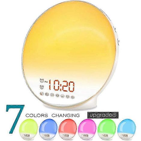 Lampe de réveil, radio-réveil FM, double alarme, 7 couleurs, 8 sonneries, fonction snooze, simulation de lever/coucher de soleil, lumière réglable, chargeur inclus. (1/5)