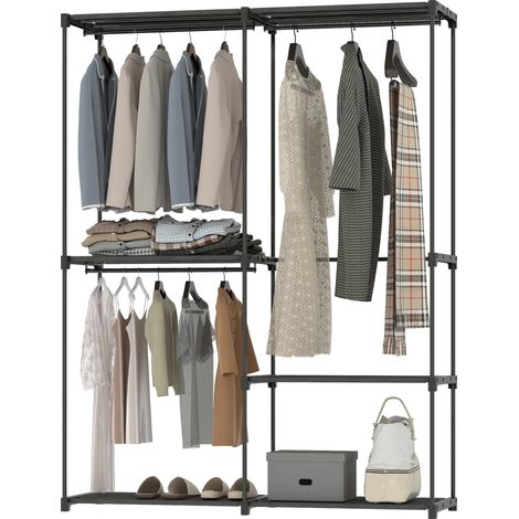 Tragbarer Kleiderschrank mit 3 Kleiderstangen und 4 Einlegeböden, 142 x 43 x 185 cm, schwarz