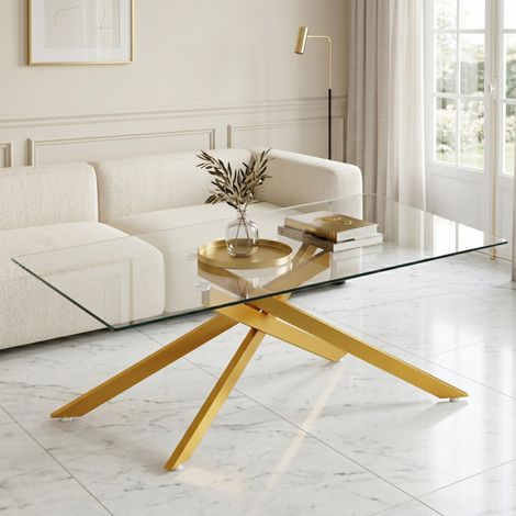 Mesa de centro rectangular de cristal templado y metal dorado, diseño moderno, estructura estable para salón. (1/5)