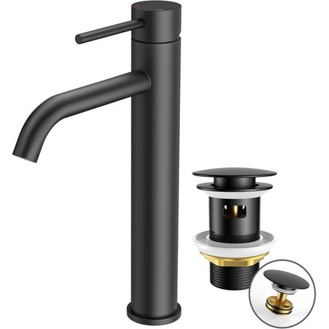 Robinet de Lavabo pour Salle de Bain avec Bonde de Vidage, Mitigeur Haut en Noir avec Hauteur de Bec de 190 mm, Mitigeur à Levier Unique pour Lavabo dans la Salle de Bain (1/4)