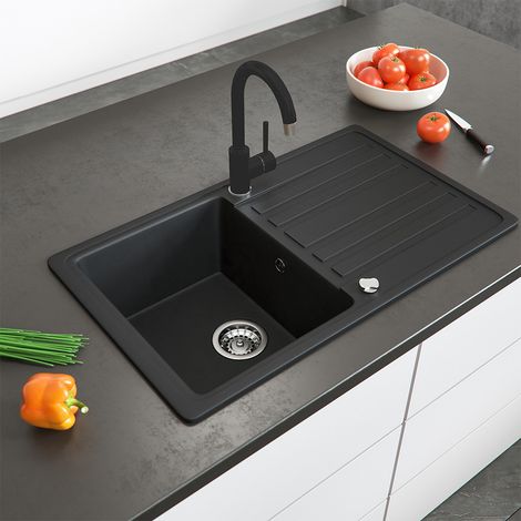 Granitspüle  , Schwarz, 76.5 x 46 cm mit Armatur Schwarz, Bergström