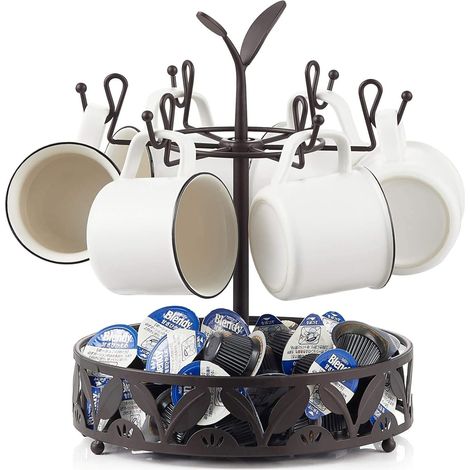Soporte para tazas de café con cesta de almacenamiento para bolsas de café, soporte giratorio de 6 niveles, estante de almacenamiento de cocina (1/5)