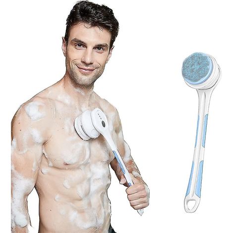 Brosse corporelle électrique à long manche, détachable + rechargeable + 5 têtes de brosse + étanche + super puissante + douce (bleue) (1/5)