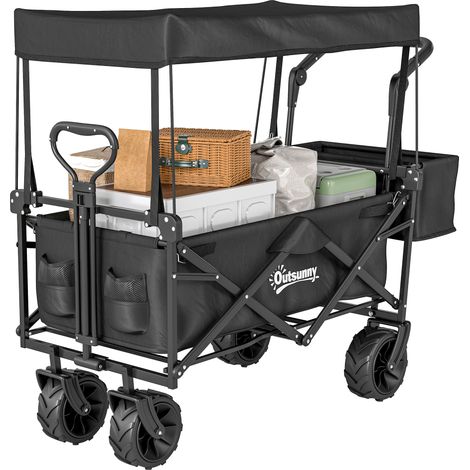 Folding Trolley Cart Storage Wagon Beach Trailer 4 Wheels Handle Overhead Canopy Cart Push Pull for Camping, Black (1/5)